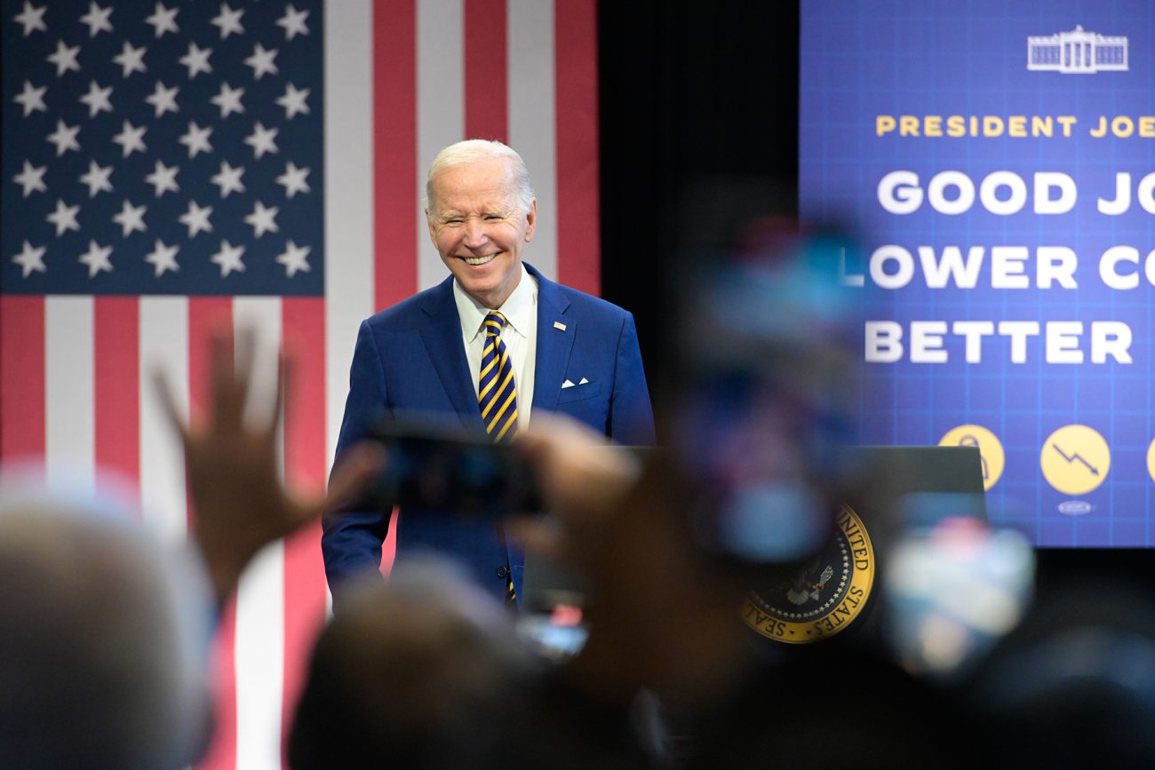 President Joe Biden greets the crowd at his speech held at IBEW Local 26's training center in Lanham, MD on February 15, 2023.